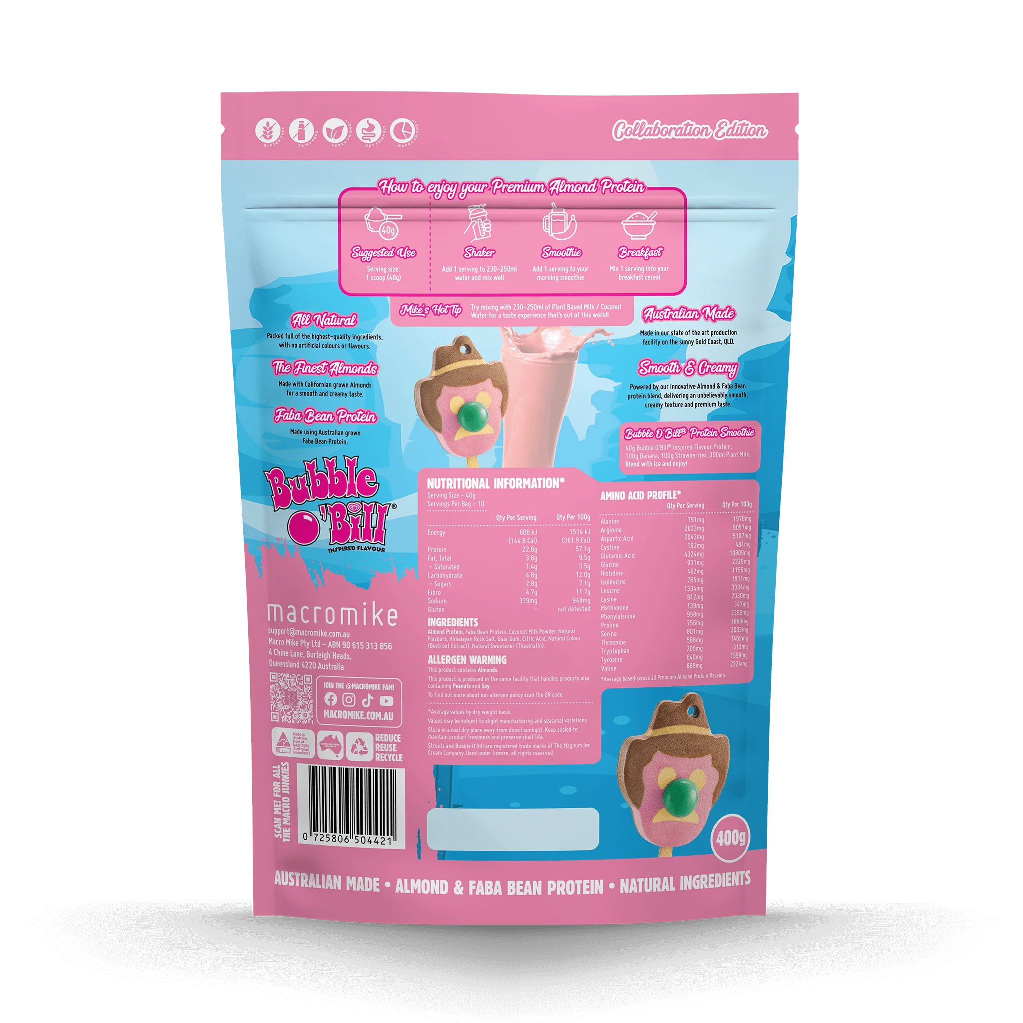 Macro Mike x Streets Strawberry Bubblegum Bubble O'Bill Premium Almond Protein (400g Bag) - Image 2