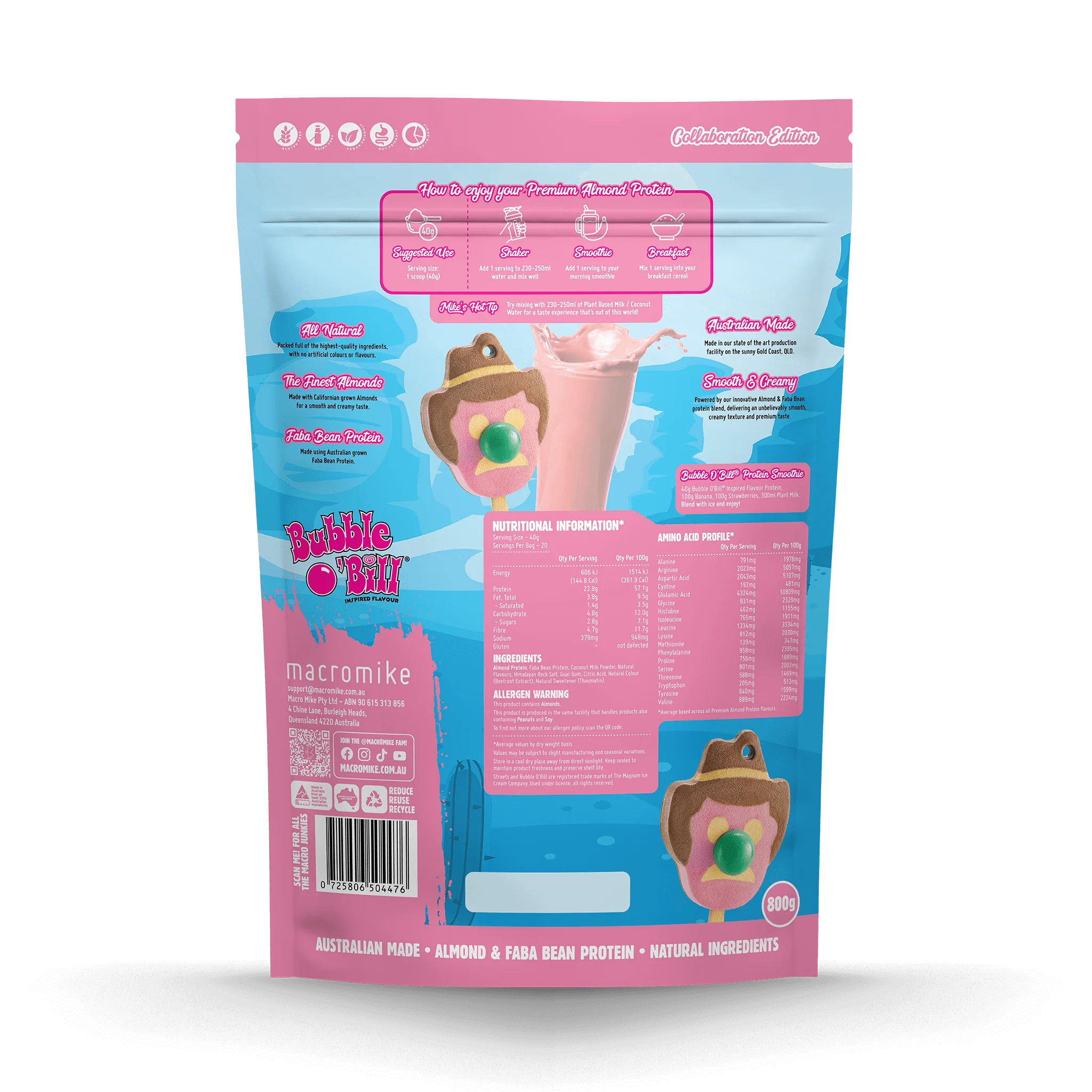 Macro Mike x Streets Strawberry Bubblegum Bubble O'Bill Premium Almond Protein (800g Bag) - Image 2